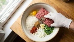 Easy Albondigas Soup Recipe in Crock Pot 3 Mixing ground beef and rice for albondigas meatballs