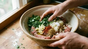 Moroccan Meatballs Recipe – Juicy, Spiced & Simmered in Rich Tomato Sauce 4 Mixing ground meat with spices, herbs, onion, and garlic for moroccan meatballs