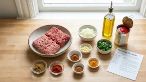 Moroccan Meatballs Recipe – Juicy, Spiced & Simmered in Rich Tomato Sauce 13 Moroccan meatballs ingredients arranged on a kitchen counter including ground meat, spices, onion, garlic, and tomatoes