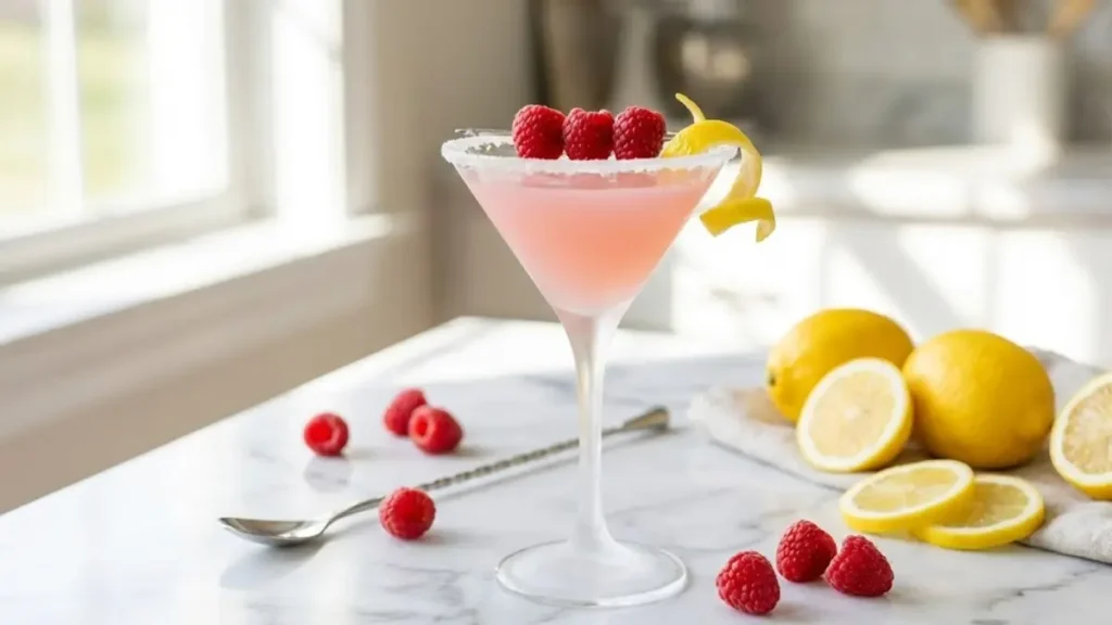 Raspberry Lemon Drop Cocktail Recipe – Bright, Boozy & Ready in Minutes 1 Raspberry lemon drop cocktail served in a sugar-rimmed martini glass with fresh raspberries and lemon garnish