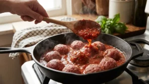 Moroccan Meatballs Recipe – Juicy, Spiced & Simmered in Rich Tomato Sauce 9 Raw moroccan meatballs placed into simmering tomato sauce