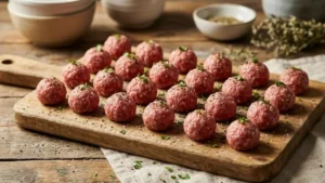 Moroccan Meatballs Recipe – Juicy, Spiced & Simmered in Rich Tomato Sauce 5 Raw moroccan meatballs shaped and placed on a board before cooking