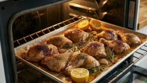 Authentic Palestinian Musakhan Recipe – Juicy Sumac Chicken with Caramelized Onions 5 Roasted sumac chicken cooking in oven for Palestinian Musakhan