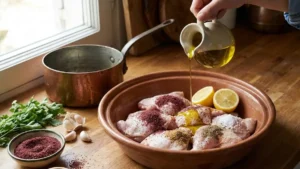 Authentic Palestinian Musakhan Recipe – Juicy Sumac Chicken with Caramelized Onions 3 Seasoning chicken with sumac and olive oil for Palestinian Musakhan recipe