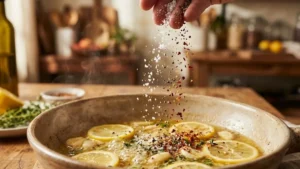 Florida Permit Sauce Recipe 6 Seasoning lemon butter sauce with salt pepper and red pepper flakes