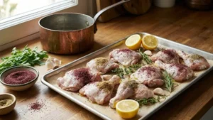 Authentic Palestinian Musakhan Recipe – Juicy Sumac Chicken with Caramelized Onions 4 Sumac-seasoned chicken arranged on tray before roasting for Musakhan
