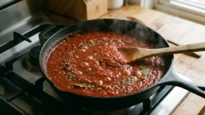 Moroccan Meatballs Recipe – Juicy, Spiced & Simmered in Rich Tomato Sauce 8 Tomato sauce simmering with spices in a skillet