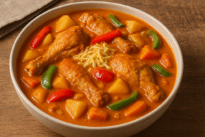 Filipino Chicken Caldereta made with chicken drumsticks, potatoes, carrots, and bell peppers simmered in a thick, savory tomato-based sauce.