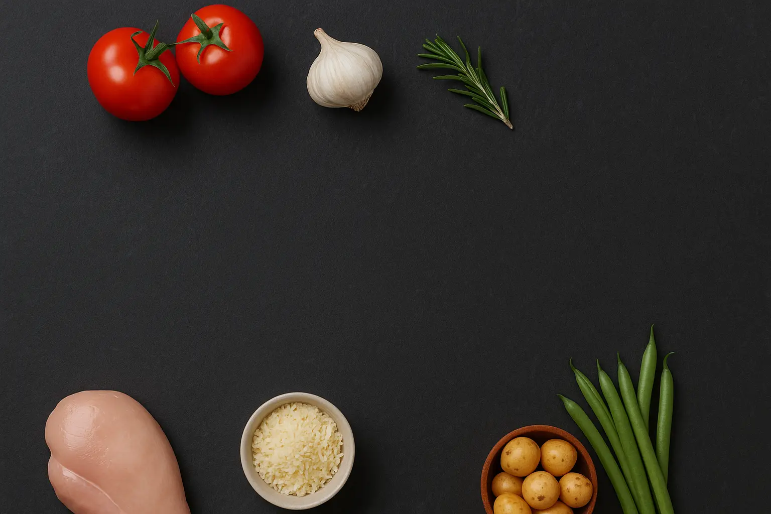 Fresh ingredients including tomatoes, garlic, rosemary, chicken breast, Parmesan cheese, baby potatoes, and green beans arranged on a dark flat-lay background.- what to make for dinner tonight