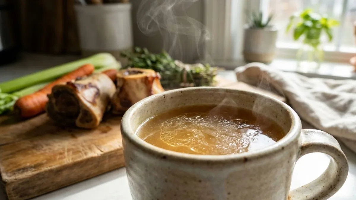 Bone broth recipe made with slow-simmered beef bones, rich golden color, and collagen-rich texture in a ceramic mug