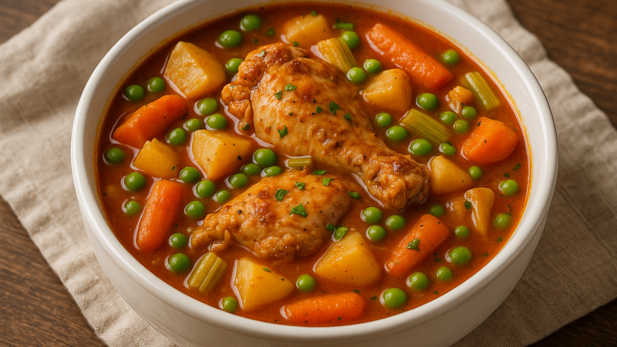 Classic chicken stew in a beige bowl with tender chicken pieces, carrots, potatoes, peas, and rich tomato broth