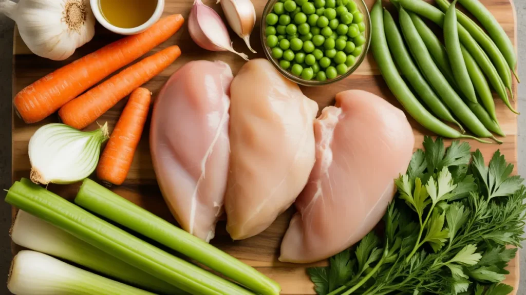 Crockpot Chicken Vegetable Soup: Healthy, Easy & Packed With Flavor 2 Close-up of chicken vegetable soup showing tender chicken strips, bright carrots, peas, and herbs - Crockpot Chicken Vegetable Soup