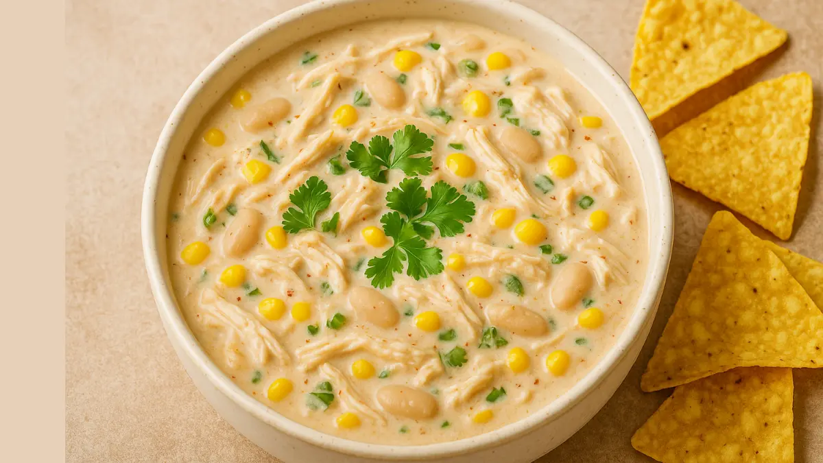 Close-up shot of white chicken chili with shredded chicken, corn, and beans served with tortilla chips
