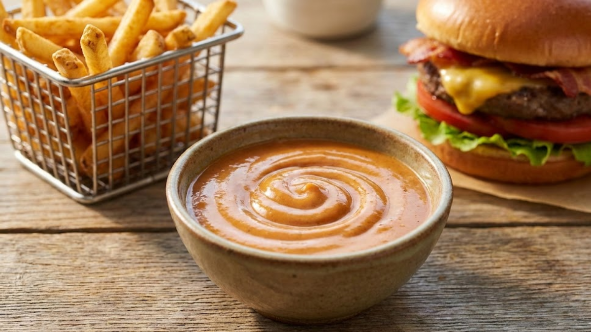 Creamy homemade cookout sauce served in a bowl with fries and a burger, perfect for BBQ and dipping