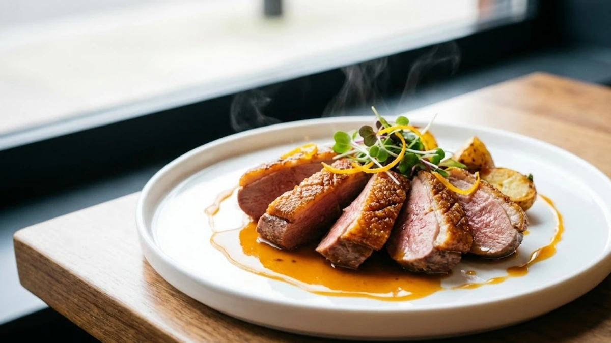 Duck and sauce recipe with crispy pan-seared duck breast drizzled in rich homemade sauce