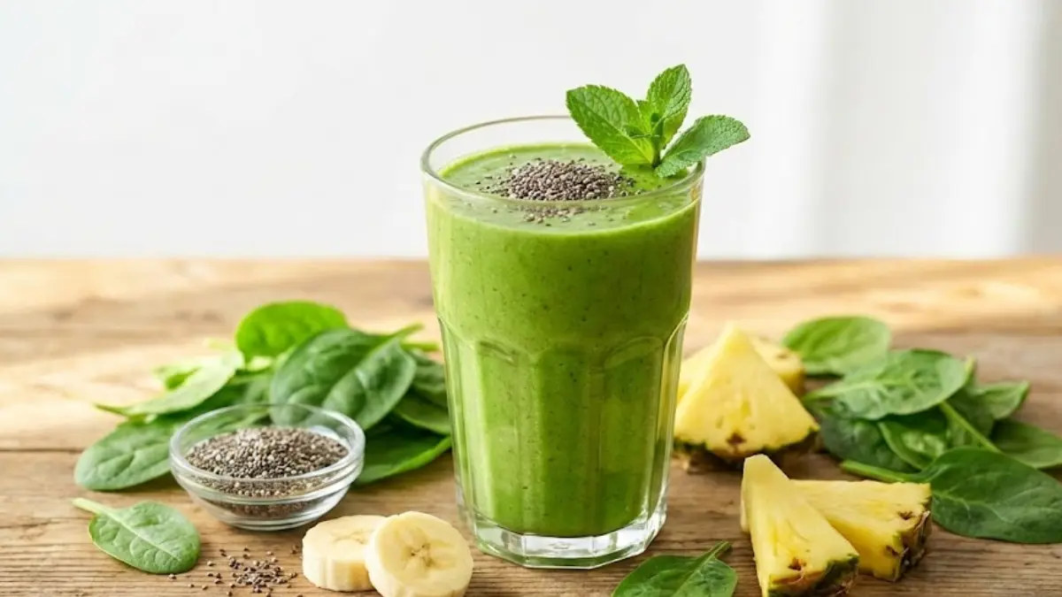 Fresh green smoothie cleanse drink in a clear glass made with spinach, banana, pineapple, and chia seeds, styled for a 10 day smoothie detox