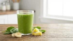 10 Day Green Smoothie Cleanse Recipes for Weight Loss, Energy & Full Body Detox 3 Fresh green smoothie in a clear glass made with spinach, banana, pineapple, and chia seeds, served on a wooden table in natural light.