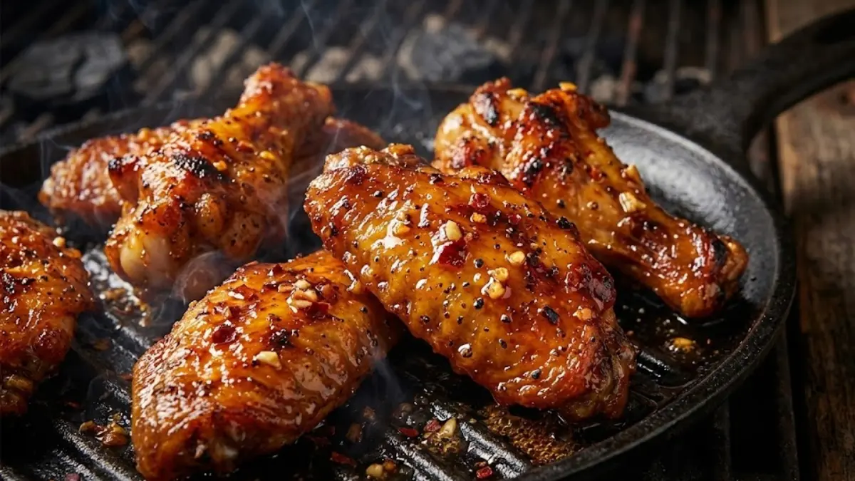 Hot honey rub coated chicken wings grilling with a caramelized sweet and spicy crust