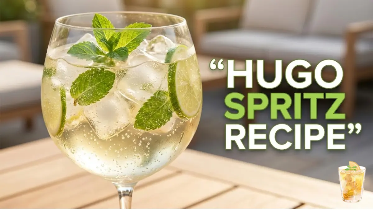 Hugo spritz recipe served in a chilled wine glass with Prosecco, elderflower liqueur, fresh mint leaves, lime slices, and ice