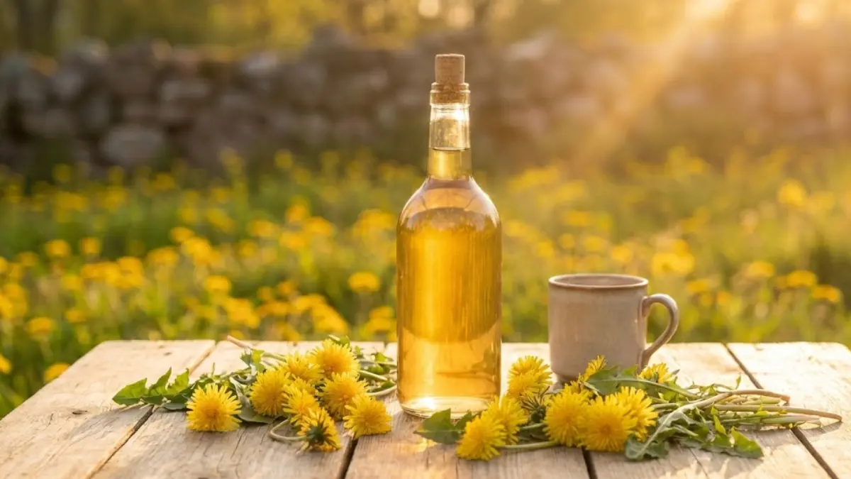 Ingredients for dandelion wine including fresh dandelion petals sugar lemon orange and wine yeast