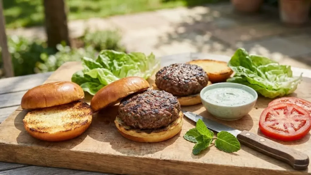 Ground Lamb Recipes: Easy, Flavor-Packed Dinners Americans Love 2 Juicy ground lamb burgers on brioche buns with mint yogurt sauce and fresh vegetables - Ground Lamb Recipes