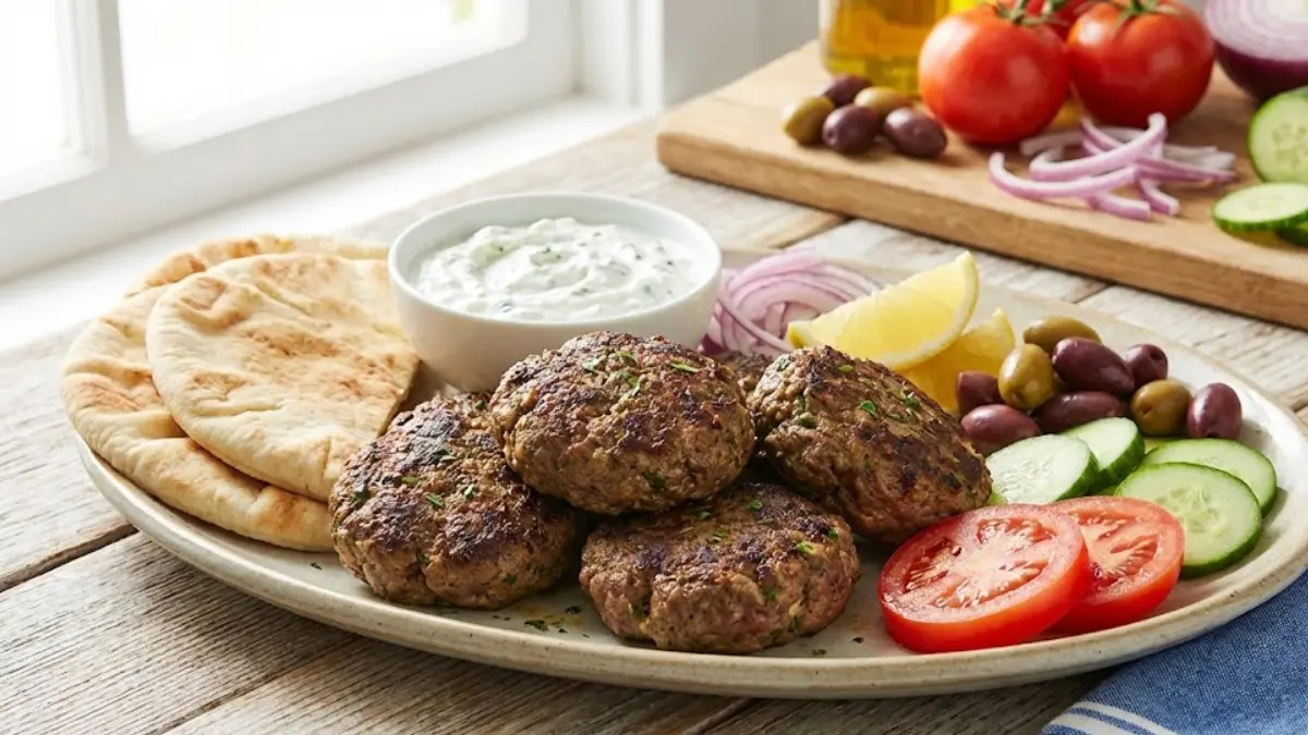 Juicy ground lamb meatballs and lamb burgers cooked in a skillet with fresh herbs and spices