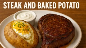 Juicy ribeye steak served with a loaded baked potato topped with sour cream, cheddar cheese, and chives on a dinner plate
