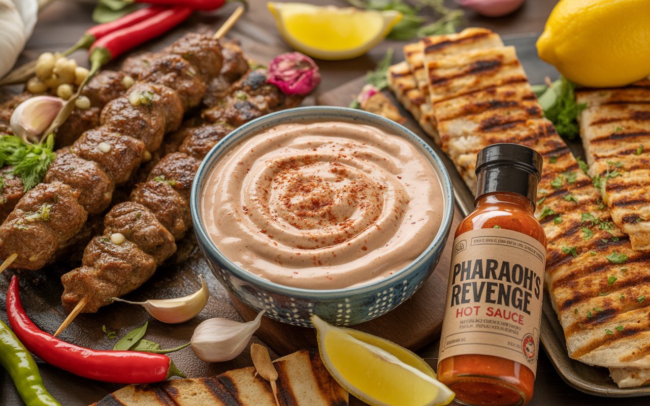 Pharaoh sauce with kebabs and Pharaoh’s Revenge Hot Sauce displayed on a rustic table.