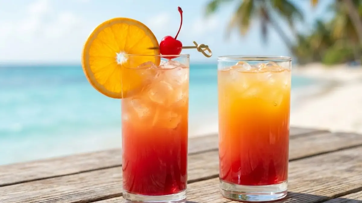 Sex on the beach drink recipe with vodka, peach schnapps, cranberry juice, and orange juice served over ice