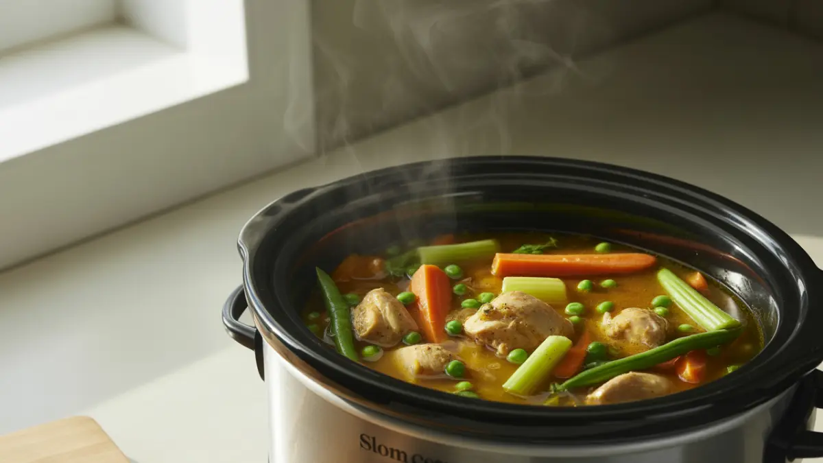 Crockpot Chicken Vegetable Soup: Healthy, Easy & Packed With Flavor 3 Slow cooker filled with chicken, carrots, celery, peas, and broth cooking into a healthy crockpot soup