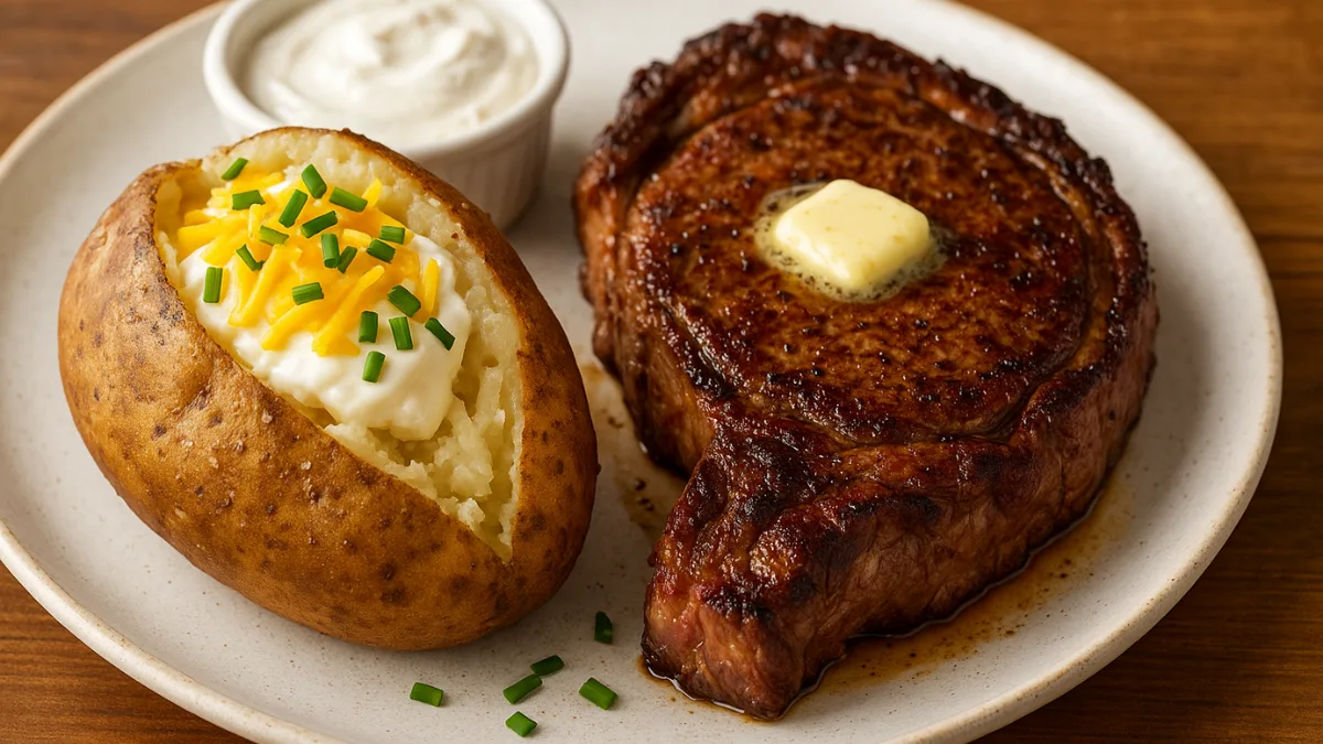 Steak and baked potato on a ceramic plate with cheddar, sour cream, and chives—classic American steakhouse dinner.