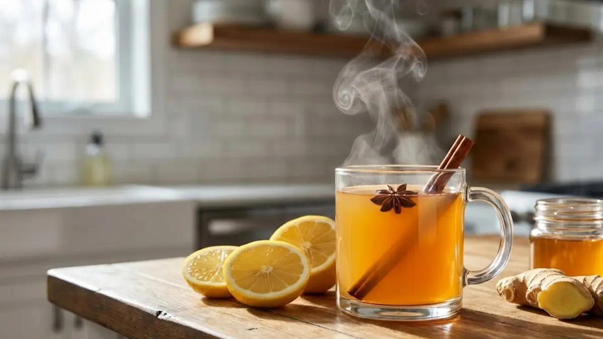 Warm lemon ginger apple cider vinegar drink in a glass mug with fresh lemon slices and ginger on a kitchen counter