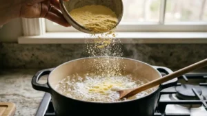 Recipe Ugali: The Simple Traditional Method That Never Fails 4 Adding maize flour to boiling water for ugali