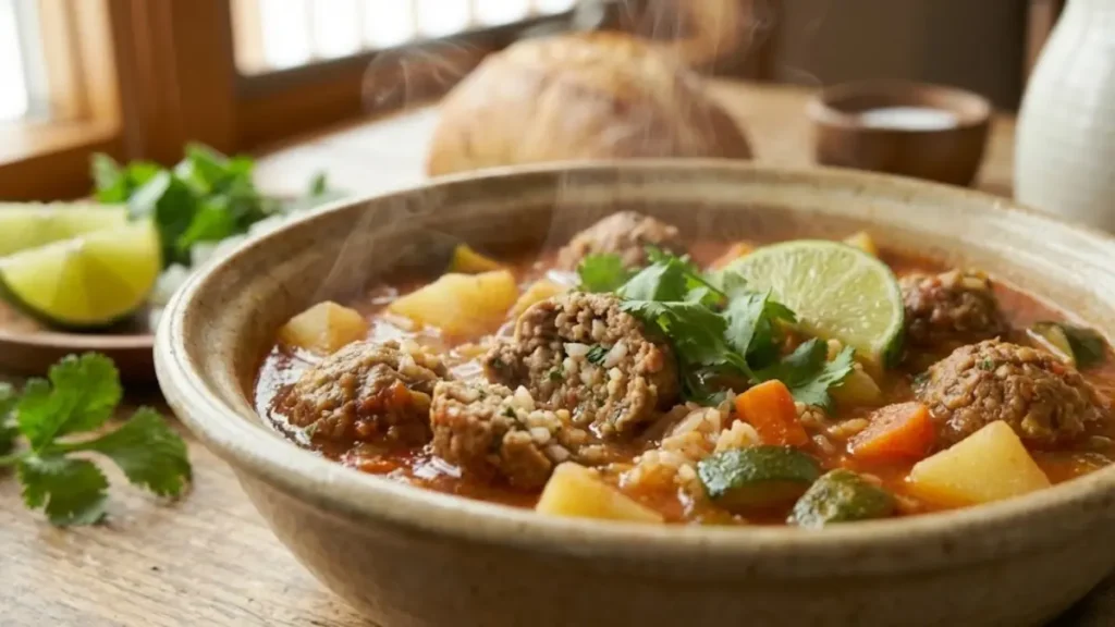 Albondigas soup recipe in crock pot with tender Mexican meatballs and vegetables