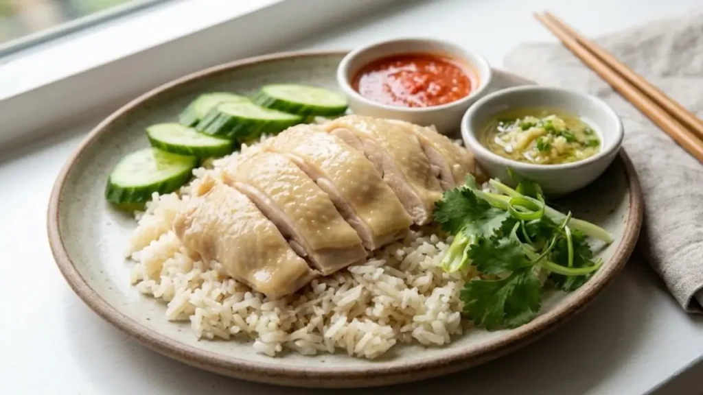 Authentic Hainam chicken rice recipe served with sauces and soup.