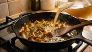 Broth and thyme added to mushrooms