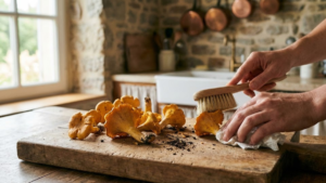 Cleaning fresh mushrooms on wooden board