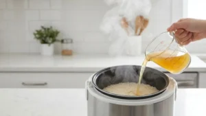 Cooking jasmine rice in chicken broth for Hainam chicken rice.