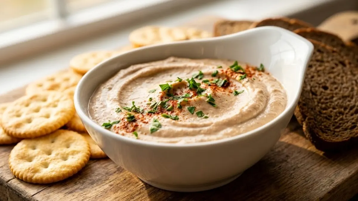 Creamy braunschweiger dip served with crackers and rye bread.