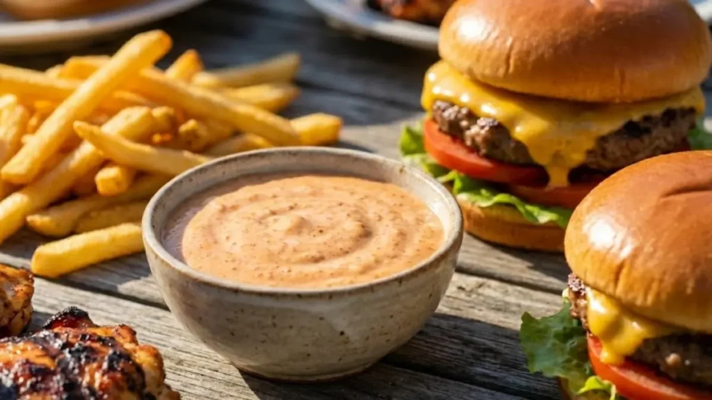 Creamy homemade cookout sauce served in a bowl with fries, burger, and grilled chicken on a wooden table