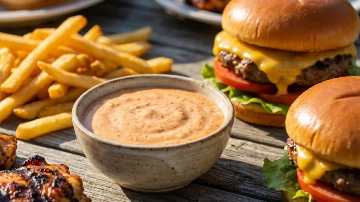 Creamy homemade cookout sauce served in a bowl with fries, burger, and grilled chicken on a wooden table