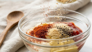 Creamy sauce base being mixed until smooth in a glass bowl