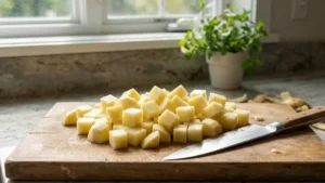 Papá Asado Recipe: The Ultimate Crispy Roasted Potato Recipe Everyone Loves 4 Cutting potatoes into cubes for papá asado