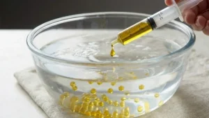 Dropping olive oil mixture into calcium bath to form molecular gastronomy pearls