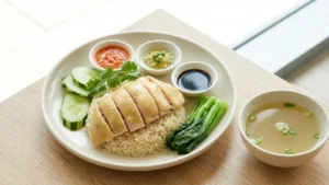 Finished Hainam chicken rice served with sauces and soup.