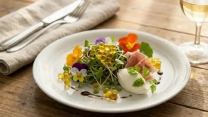 Finished molecular gastronomy olive oil pearls served as garnish