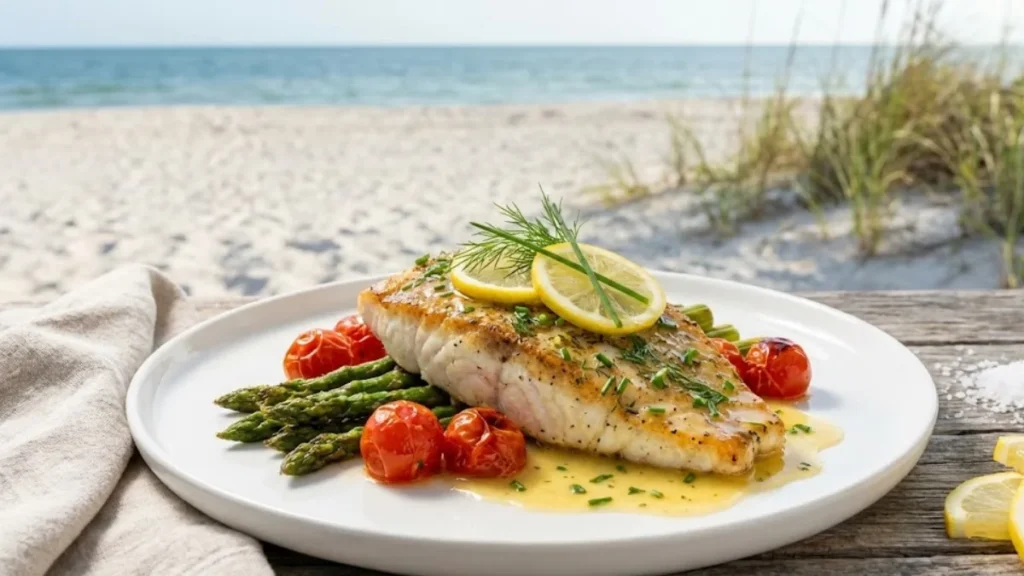 Florida permit fish with lemon garlic butter sauce served coastal style