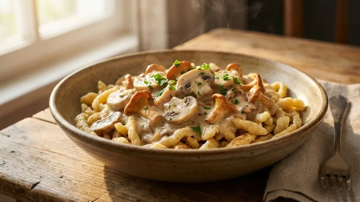 Fresh chanterelle mushrooms being cleaned on a wooden board for authentic Rahmschwammerl recipe