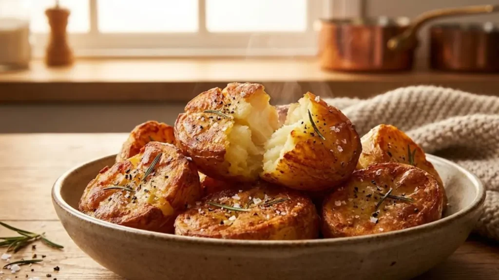 Home 15 Golden crispy papá asado potatoes fresh from the oven with herbs and butter