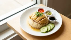 Hainam chicken rice recipe with tender chicken and fragrant rice.